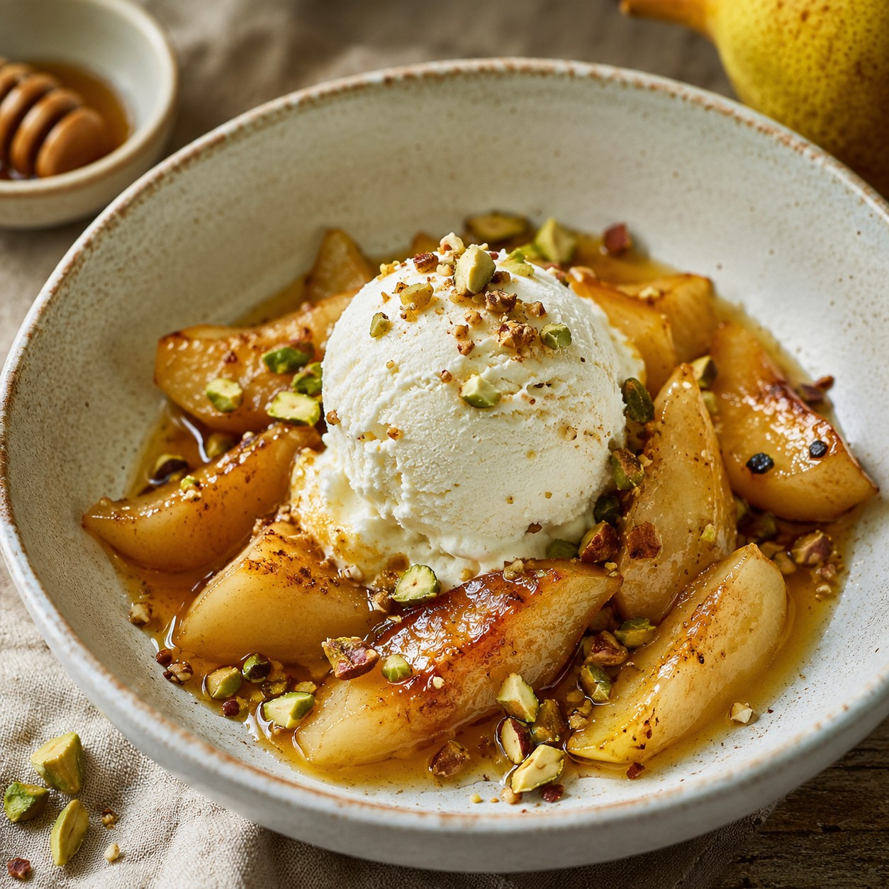 Glace au labneh et poires au miel
