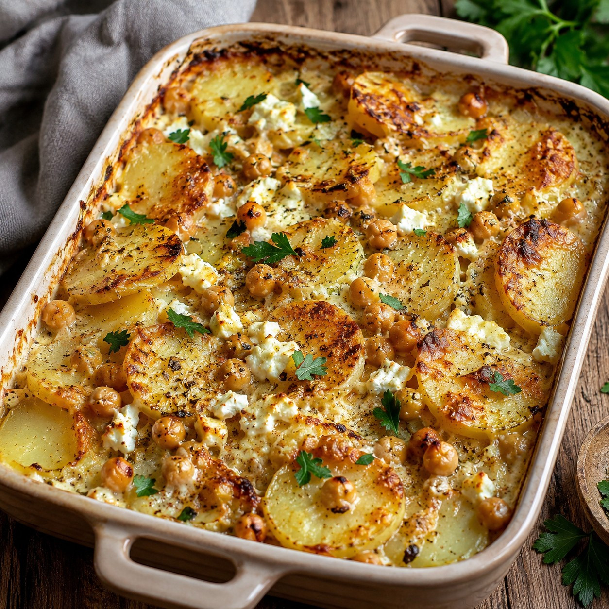 Gratin de pommes de terre et pois chiches aux épices falafel