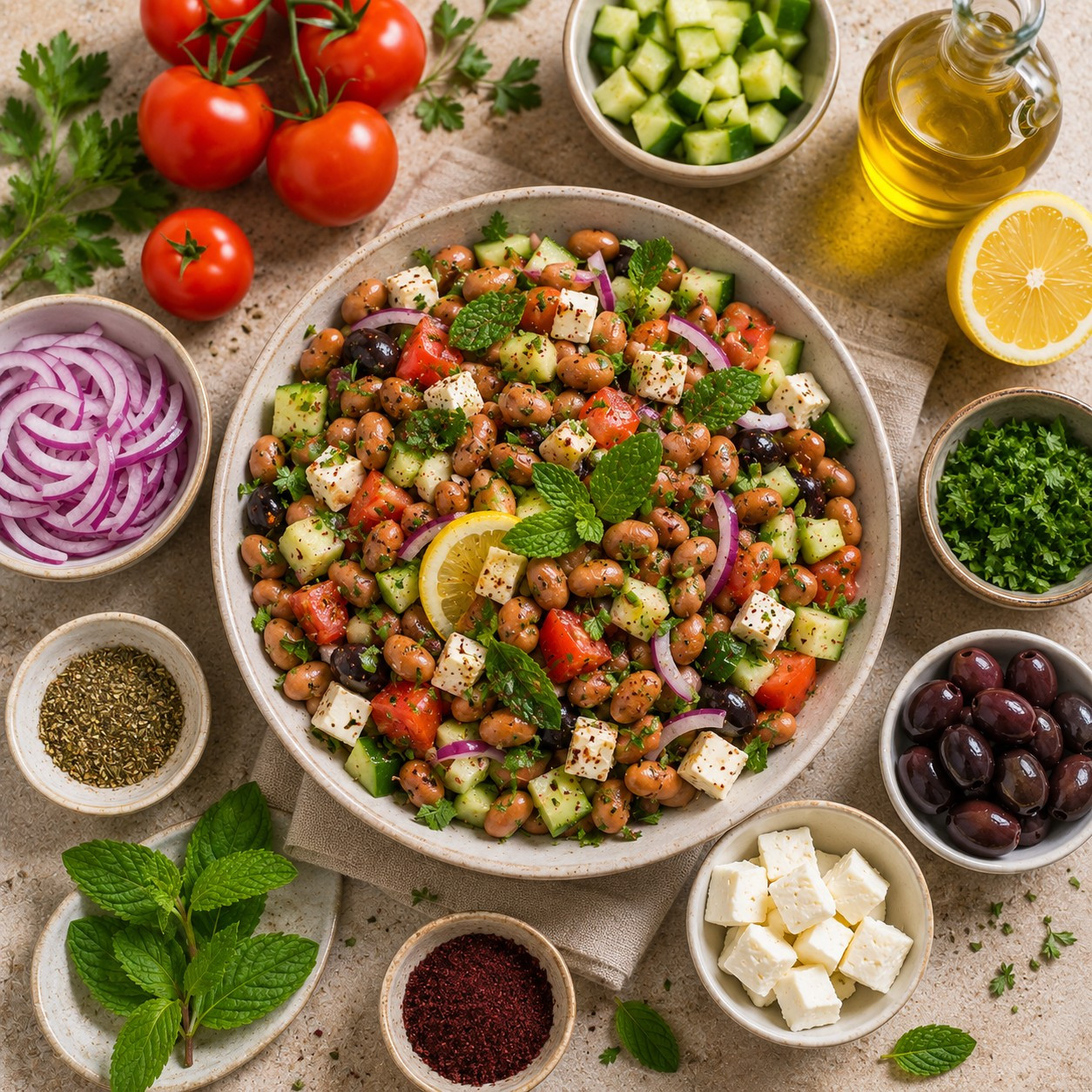 Salade de foul au cumin à la menthe et feta