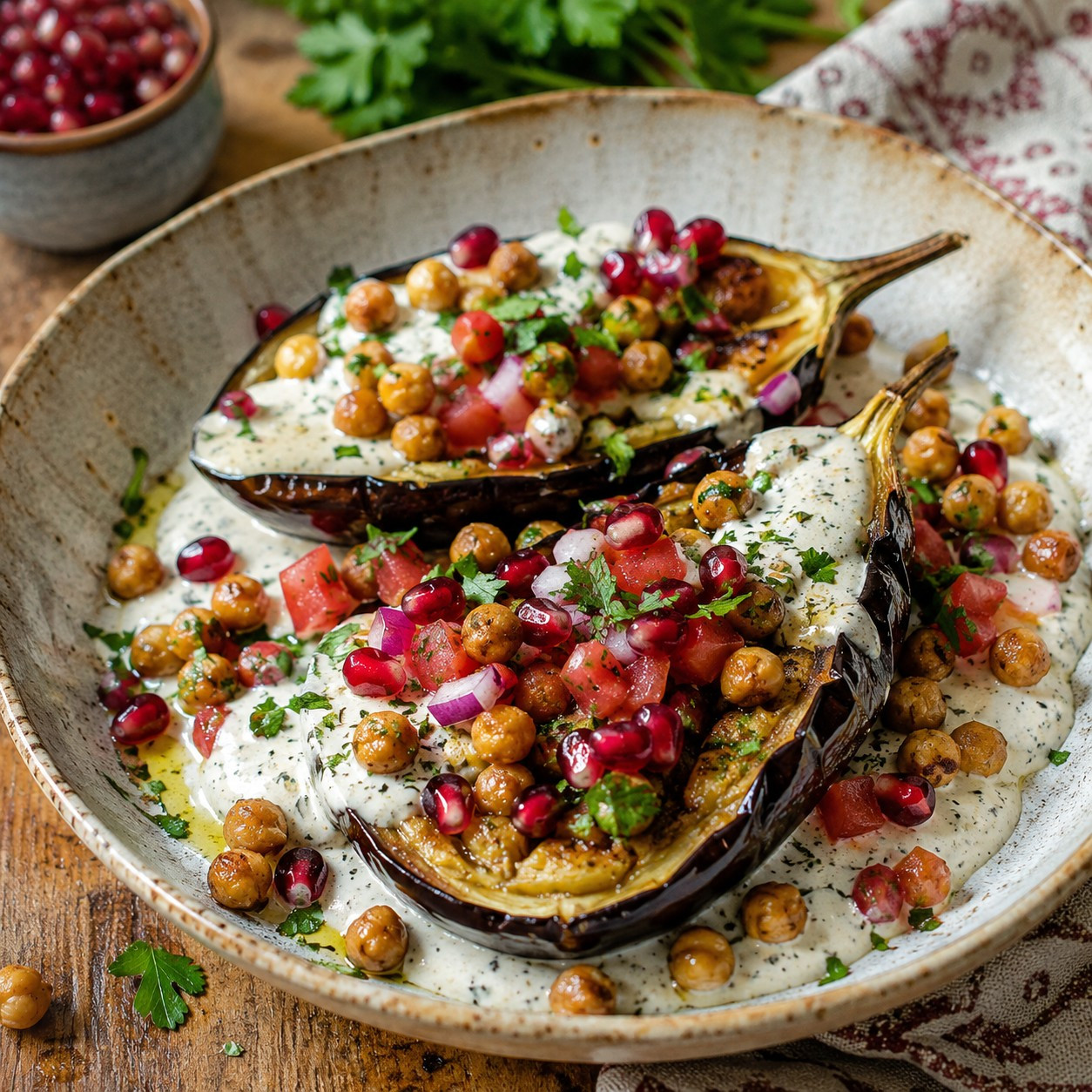 Aubergines rôties, pois chiches croustillants et sauce tarator