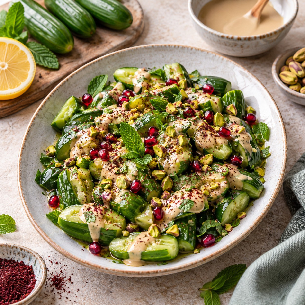 Salade de concombres nains, tahineh, citron et pistaches