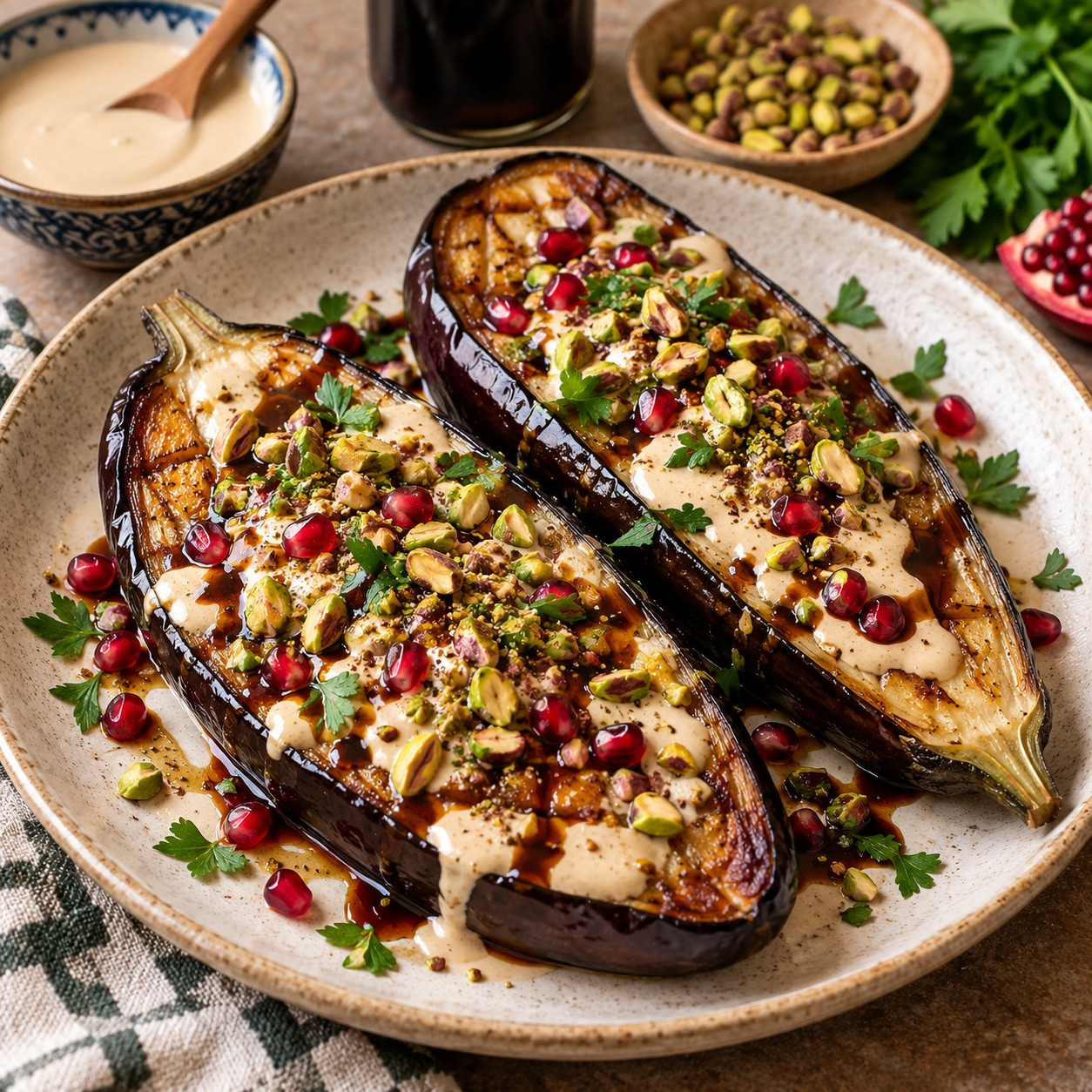 Aubergines rôties, sauce tahineh et mélasse de caroube
