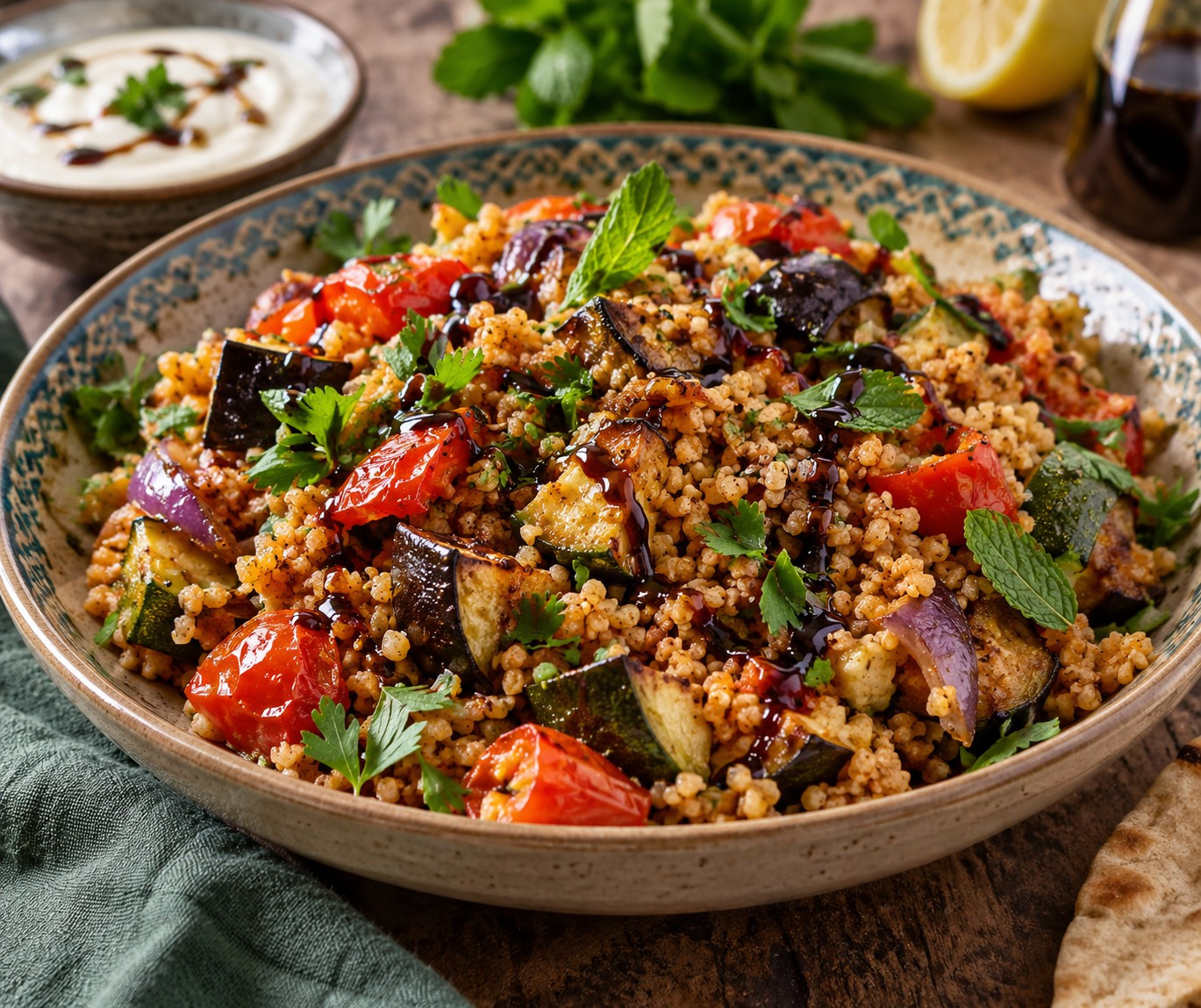 Bourghol à la kamouneh, légumes et mélasse de grenade